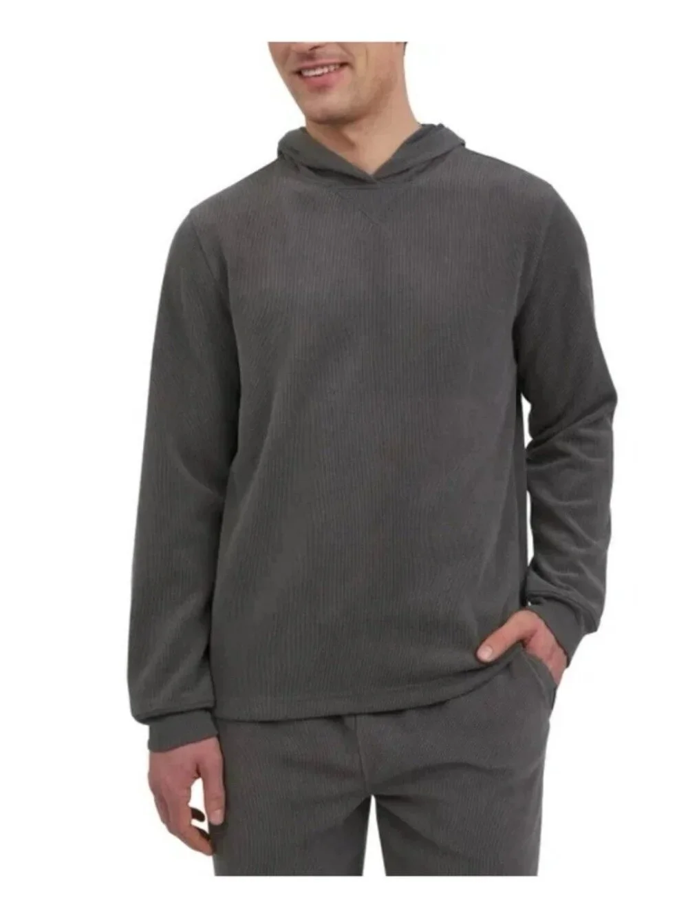 Eddie Bauer Men's Medium Gray Textured Lounge Hoodie Polyester Blend e1515